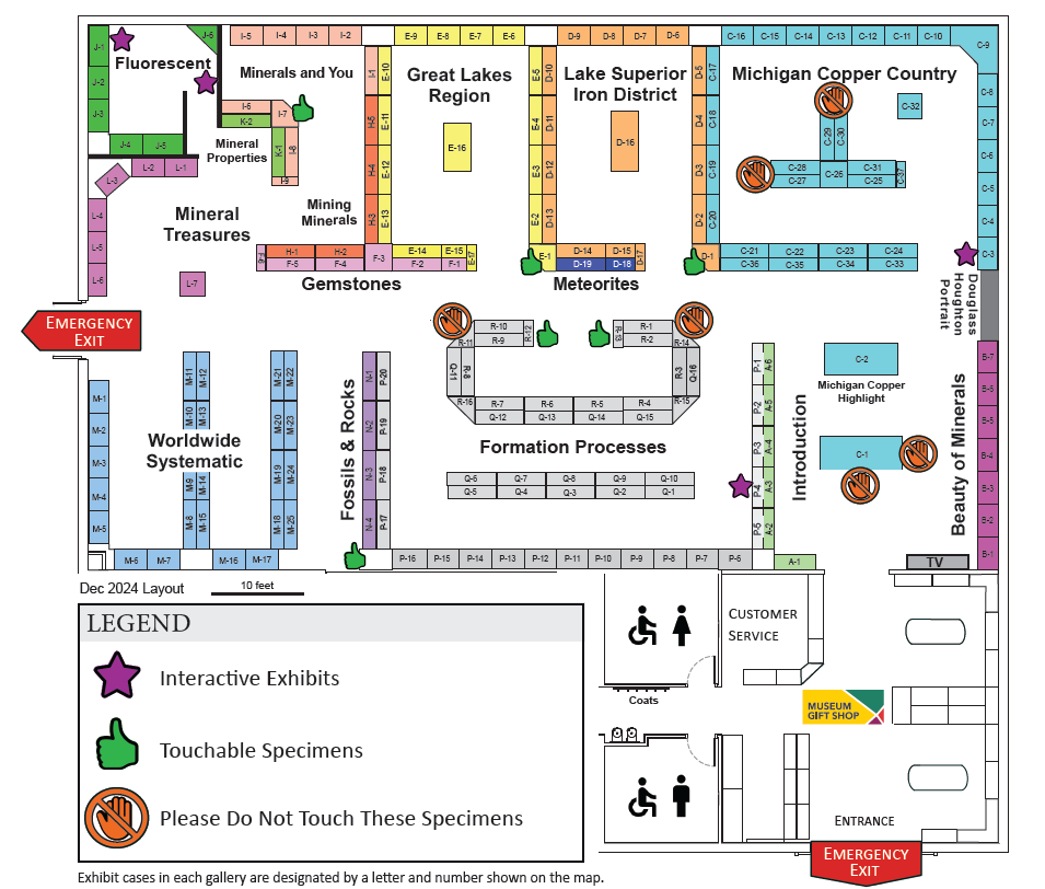 A map of the publicly accessible part of the museu building. It shows the gift shop, the bathrooms, and the various galleries in the musuem exhibit hall. The map also has icon showing what can be touched, not touched and the interactive exhibits.
