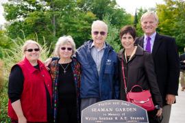 Dedication of the museum garden in the names of Phyllis and John Seaman - 2014. Left to right, Karla Aho, Michigan Tech Advancement; Donna Cole, niece of John Seaman; John (Jack) Seaman; Gail Mroz, Michigan Tech Advancement; Glenn Mroz, President of Michigan Tech. Photo by S. Bird