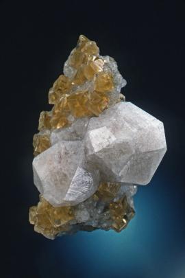 Analcime with calcite, Phoenix Mine, Keweenaw County, Michigan. Fine analcime crystals on matrix with honey-colored calcite. Donor: D. Gabriel. Specimen 6 cm tall. Photo by J. Scovil. (DCG 1357)