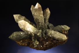 Quartz and andradite, Blue River Skarn, Primorskii Kray, Russia. A superb group of greenish quartz crystals on a matrix of andradite crystals. Donor: P. and J. Clifford. Specimen 16 cm wide. Photo by C. Stefano. (PJC 08102)