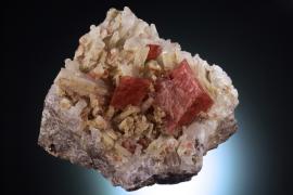 Rhodochrosite, Climax Mine, Lake Co., Colorado. Rare crystals of rhodochrosite on quartz crystals from a lesser known Colorado rhodochrosite locality. Donor: A. and C. Hammond in memory of E. Bekkala. Specimen 11.5 cm wide. Photo by C. Stefano. (DM 31235)