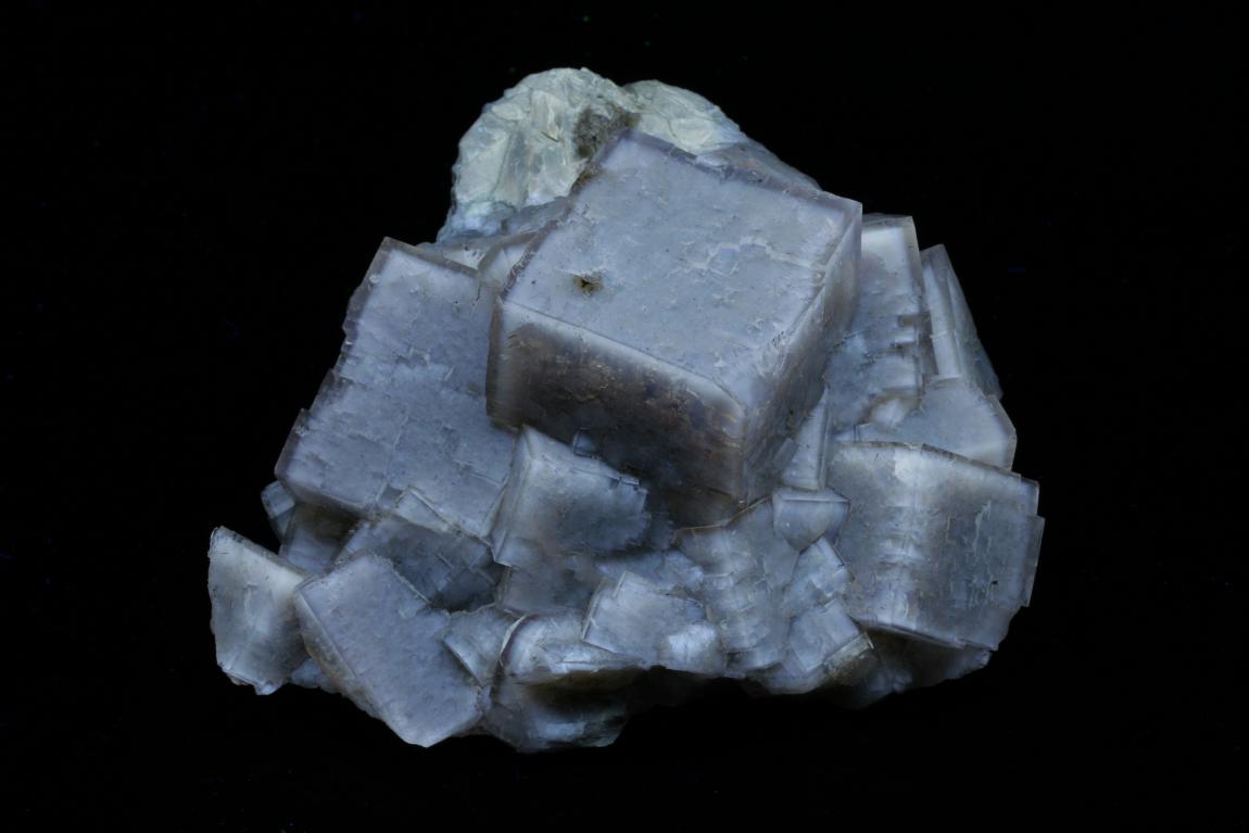 Fluorite, White Rock Quarry, Clay Center, Ohio. A SW-UV photo showing the strong fluorescence of Ohio fluorites. Donor: D. Gabriel. Specimen 17 cm wide. Photo by G. Robinson. (DM 24530)