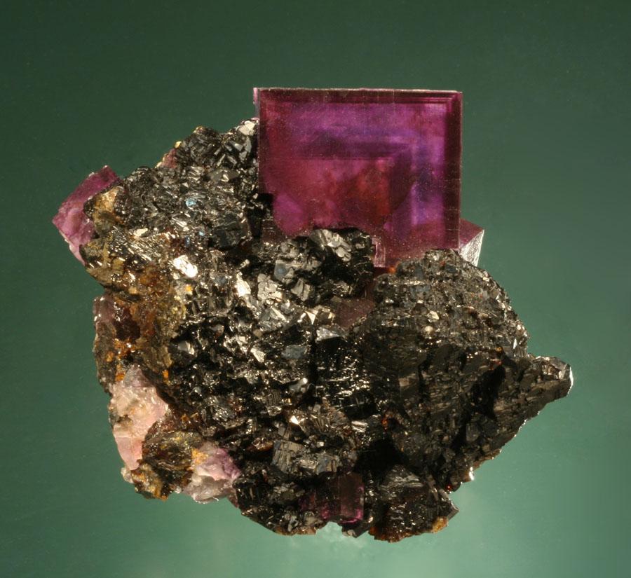 Fluorite, Sphalerite, Annabel Lee Mine, Hardin County, Illinois. A beautiful color-zoned fluorite crystal on sphalerite crystals from the famous southern Illinois fluorospar district. Specimen 6.5 cm across. Photo by G. Robinson. (DM 19854) 