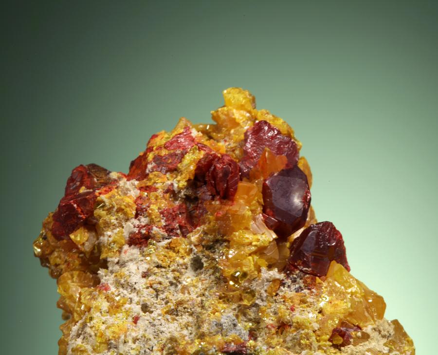 Lorandite, Orpiment, Allchar, Macedonia. Lorandite is a very rare thallium mineral, and Macedonia has produced many of the best ones. Specimen 5.5 cm across. Photo by C. Stefano. (DM 31201) 