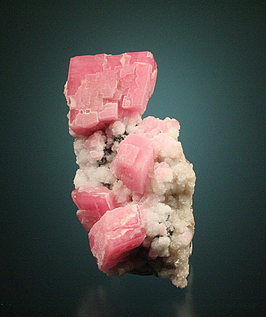 Rhodochrosite, Grizzly Bear Mine, Ouray, Colorado. Fine rhodochrosite crystals from an early Colorado rhodochrosite locality. Specimen 8 cm tall. Photo by G. Robinson. (JTR 949) 